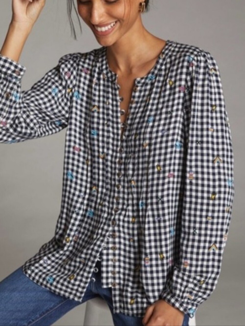 Pilcro Black Gingham Button-Front Blouse with Multicolor Embroidery Size Medium